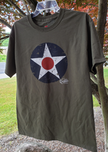 Load image into Gallery viewer, Heavy weight olive colored T-shirt with  a distressed 1940s US Army Air corp Insignia