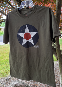 Heavy weight olive colored T-shirt with  a distressed 1940s US Army Air corp Insignia